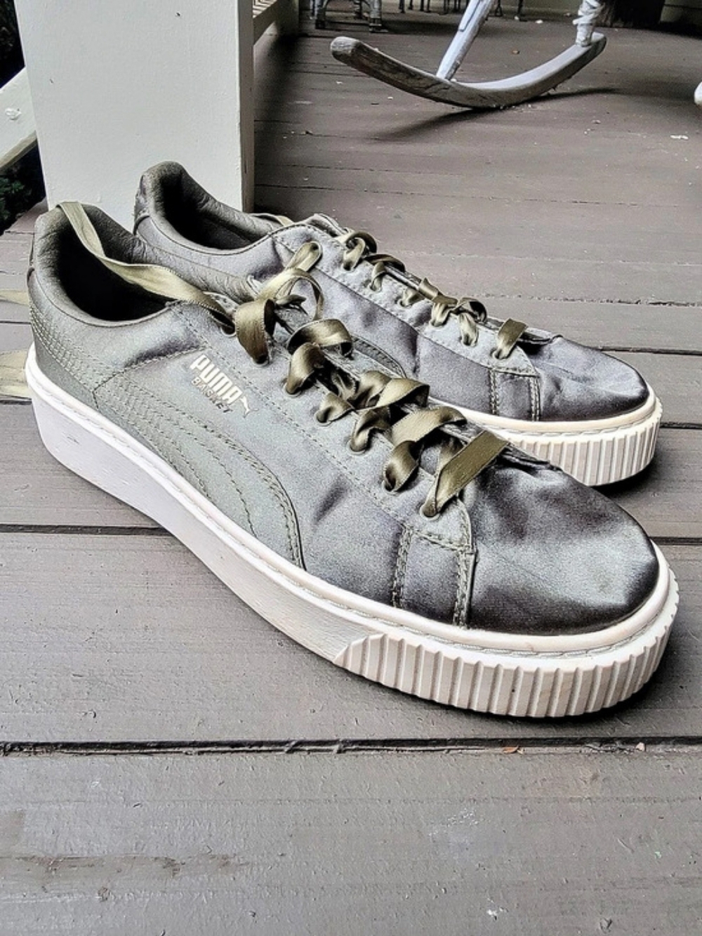 Puma Basket Platform Satin Sneakers Army Green Grey Sz Us 7